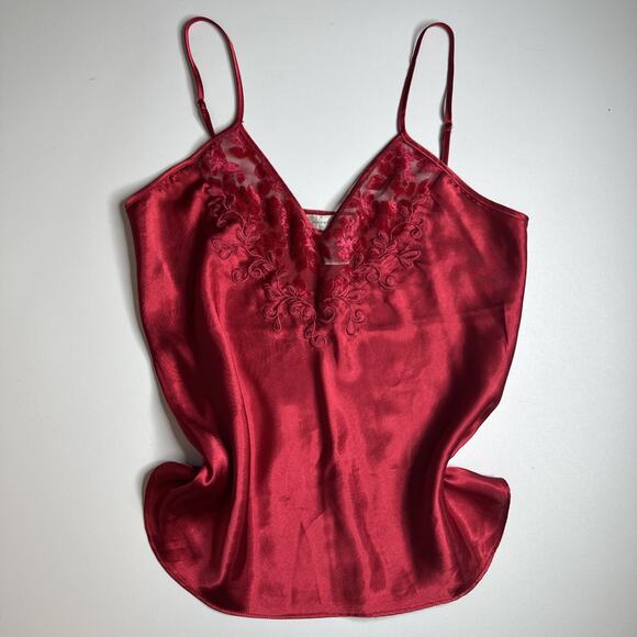 Vintage Private Luxuries Red Satin Slip Dress Nightgown Small Sheer Top Babydoll - Picture 3 of 11